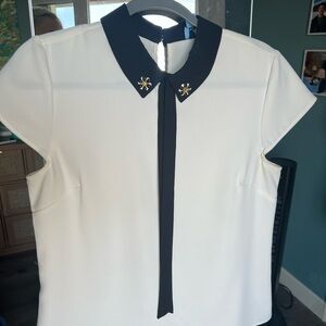 CeCe White and Blue Boxy Blouse with Peter Pan Collar